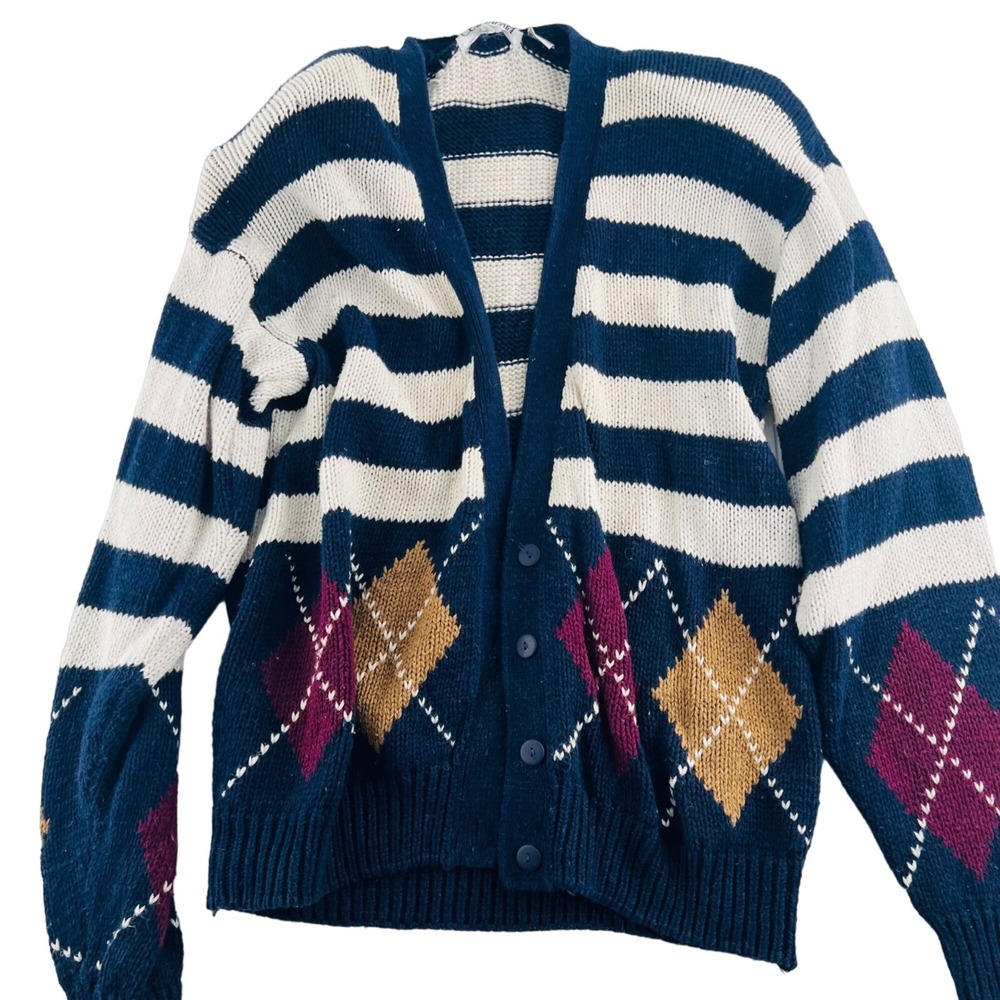 Silvercord Sweater Argyle‎ Cardigan Vintage size Small Shoulder pads Stripes